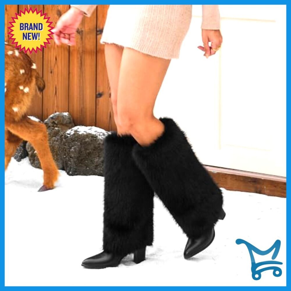 Knee High Faux Fur Boots Chunky Heel Wide Calf Winter Snow Boots - Picture 4 of 7